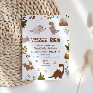 Invitation Cute Neutral Trois Rex Dinosaur Anniversaire