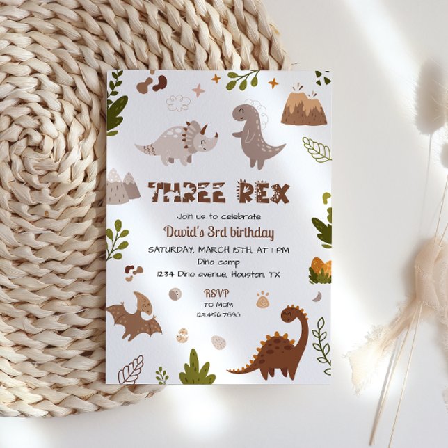 Invitation Cute Neutral Trois Rex Dinosaur Anniversaire (Créateur téléchargé)