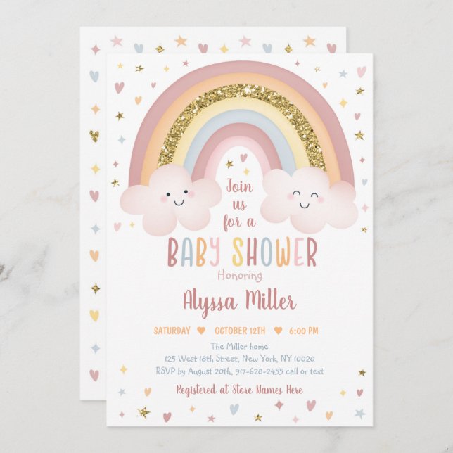 Invitation Cute Neutre Boho Rainbow Clouds Baby shower (Devant / Derrière)