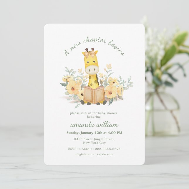 Invitation Cute New Chapter Begins Garden Giraffe Baby Shower (Debout devant)