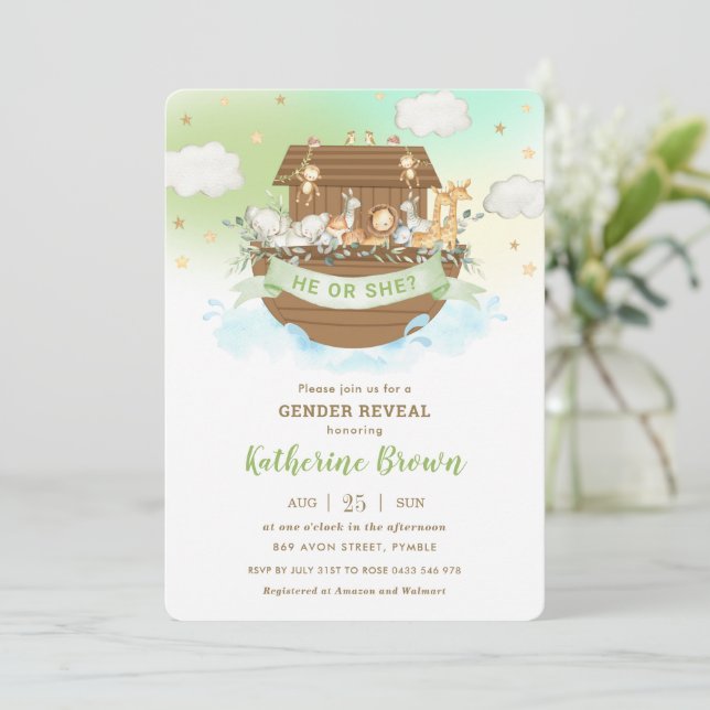 Invitation Cute Noah's Ark Animals Genre Reveal Baby shower (Debout devant)