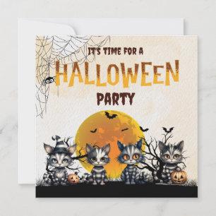 Invitation Cute noir blanc rayé Halloween Fantôme Kittens