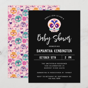 Invitation Cute noir Halloween Pink Sugar Baby shower crâne