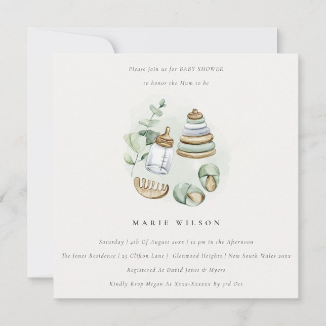 Invitation Cute Nursery Essential Baby shower vert feuille (Devant)