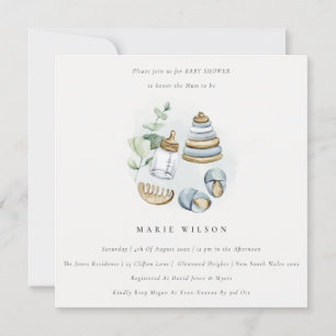 Invitation Cute Nursery Essential Leafy Blue Boy Baby shower