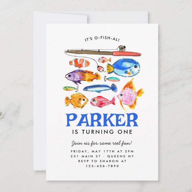 Invitation Cute O-Fish-al Reel Amusant Pêche Poisson Annivers (Devant)