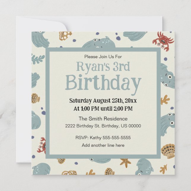 Invitation Cute Ocean Animals Baby/Toddler Custom Birthday (Devant)