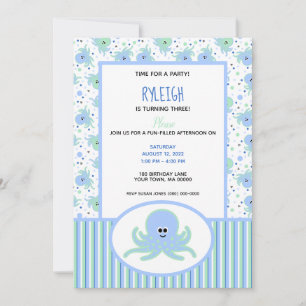 Invitation Cute Octopus Pastel Bleu et Vert Anniversaire