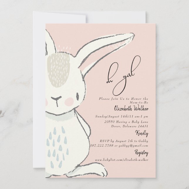 Invitation Cute Oh Girl Cute Rabbit Baby shower rose (Devant)