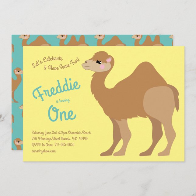 Invitation Cute One Hump Camel Enfants 1ère fête d'anniversai (Devant / Derrière)