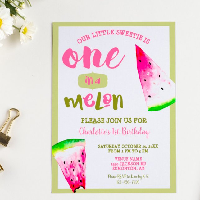 Invitation Cute One in a Melon 1er Anniversaire Rose Green (Créateur téléchargé)