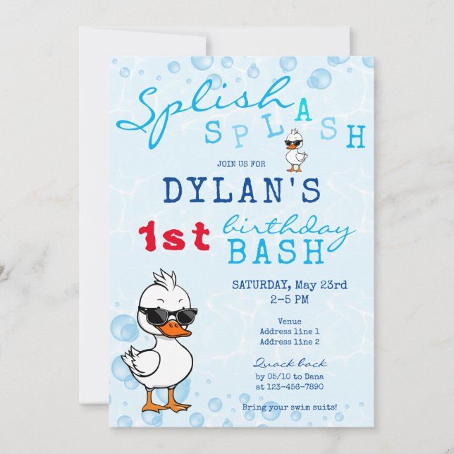 Invitation Cute One Lucky Rubber Duck Bleu 1er Anniversaire B (Devant)
