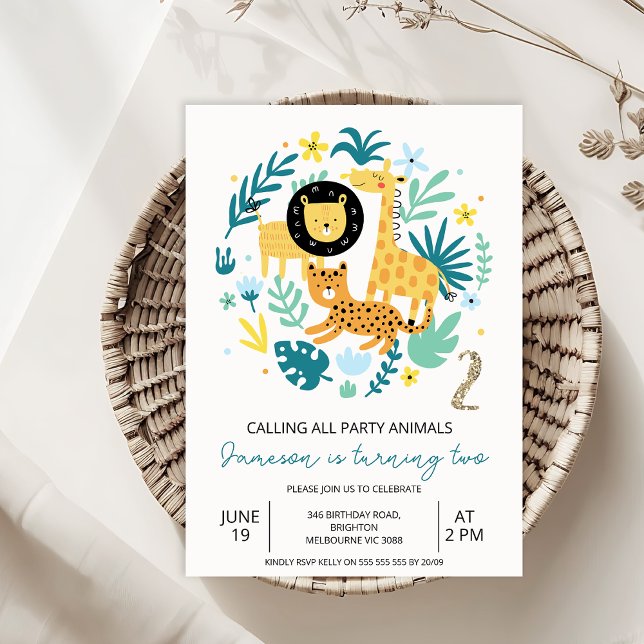 Invitation Cute Orange appelle tous les animaux de fête 2e an (Safari Party Animals 2nd Birthday Invitation Template, Jungle Animals Two Wild 2nd Birthday Invite)