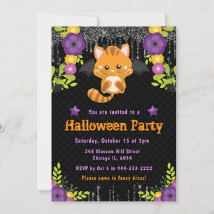 Invitation Cute Orange Chat Floral Halloween Party