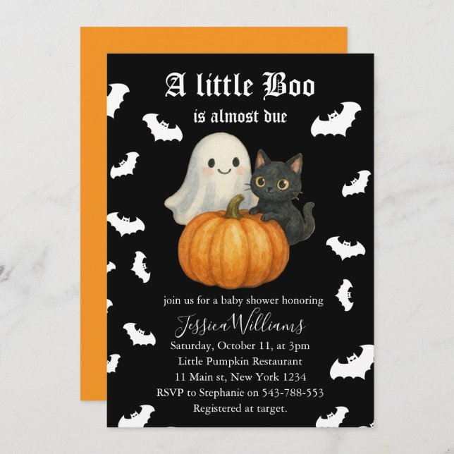 Invitation Cute Orange Pumpkin Cat Bats Halloween Baby Shower (Devant / Derrière)