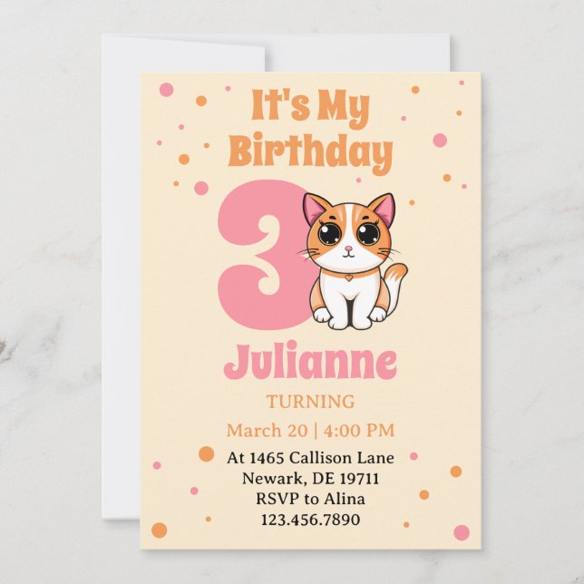 Invitation Cute Orange Rose Tabby Kitten Birthday (Devant)
