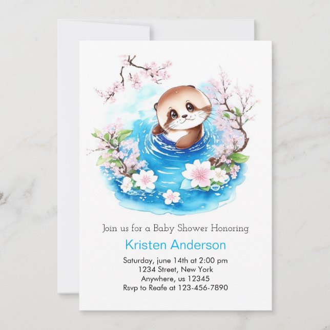 Invitation Cute Otter Enchanted Blue Floral Boy Baby shower (Devant)