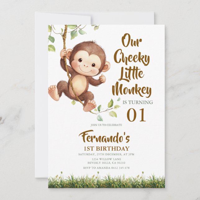 Invitation Cute Our Cheeky Little Monkey Safari 1st Birthday  (Devant)