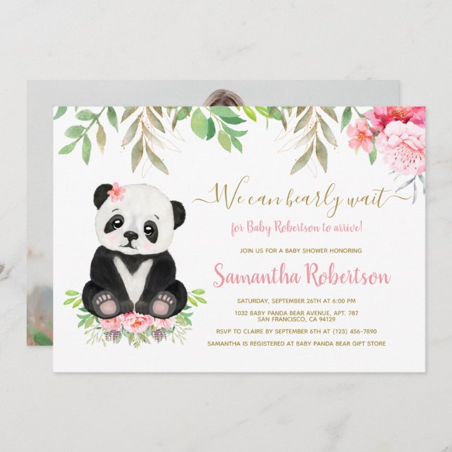 Invitation Cute Ours Blush rose Baby shower Floral Photo (Devant / Derrière)