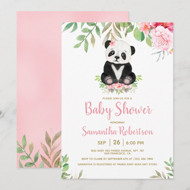 Invitation Cute Ours Blush rose Floral Baby shower fille (Devant / Derrière)