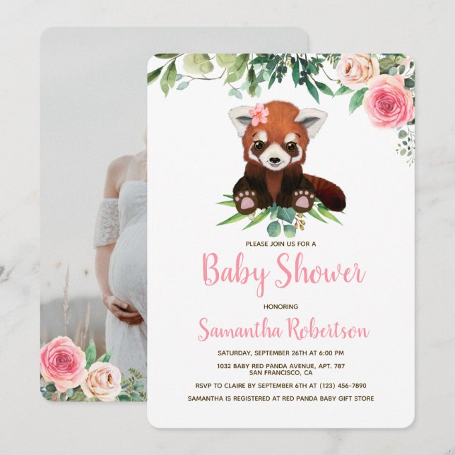 Invitation Cute Ours Blush Rose Floral Girl Baby shower Photo (Devant / Derrière)