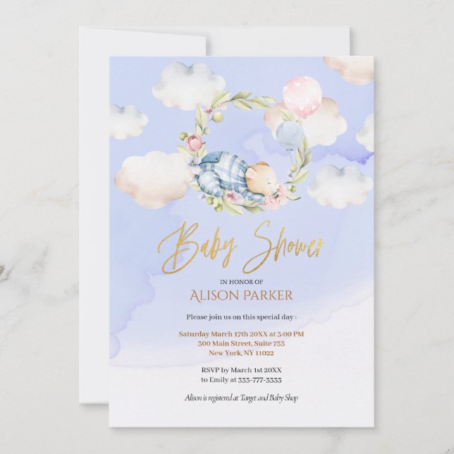 Invitation Cute Ours Bois Floral Ciel bleu Baby shower (Devant)