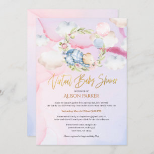 Invitation Cute Ours Boisé Floral Ciel Rose Vide Douche