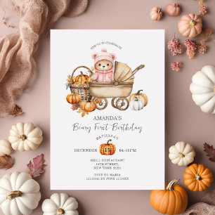 Invitation Cute Ours En vichy Citrouille rose Premier anniver