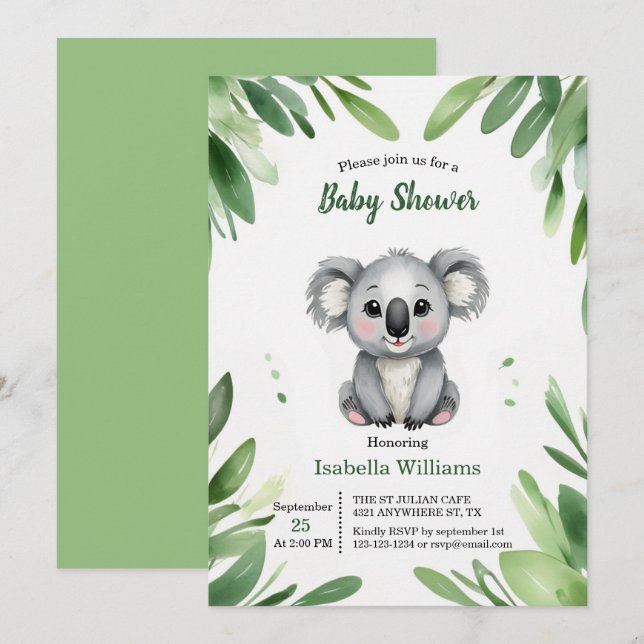 Invitation Cute Ours Koala avec Baby shower Feuille vert (Devant / Derrière)