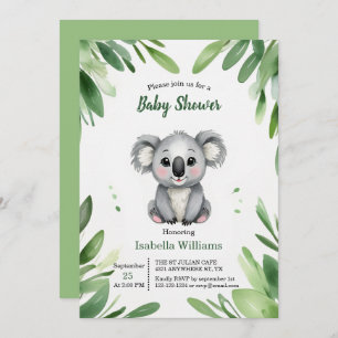 Invitation Cute Ours Koala avec Baby shower Feuille vert