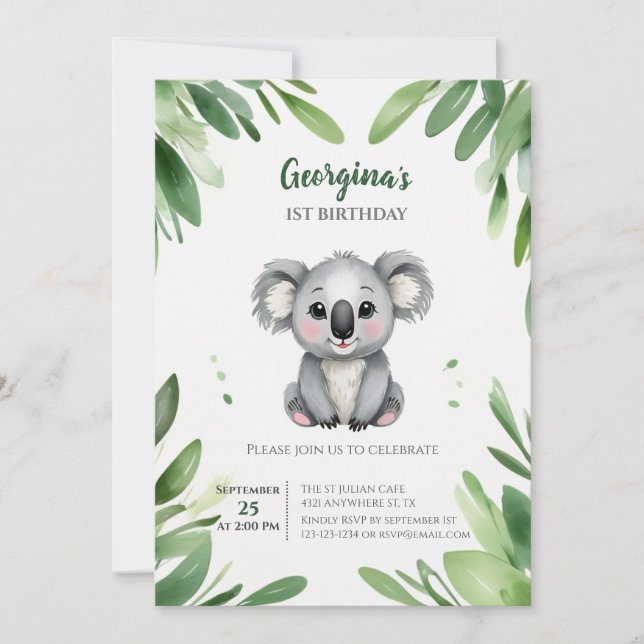 Invitation Cute Ours Koala avec Feuilles verts premier annive (Devant)