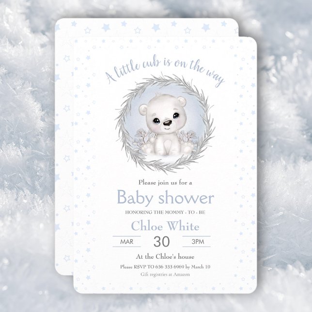 Invitation Cute Ours Polaire Garçon Baby shower blanc Invitat (Cute Polar Bear Boy White Baby Shower Invitation)