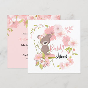 Invitation Cute Ours Rose Blanc Florals Fille Baby shower