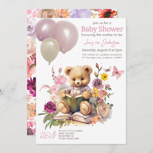 Invitation Cute Ours Teddy Floral Balloons Rose Baby shower (Devant / Derrière)