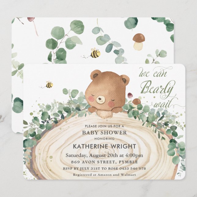 Invitation Cute Ours Verdure Sexe Baby shower Neutre Invi (Devant / Derrière)