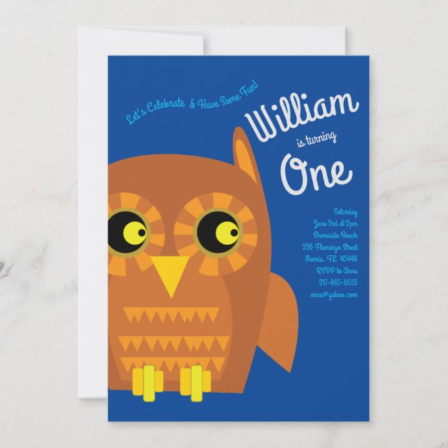 Invitation Cute Owl Bird Enfants 1er anniversaire fêter l'inv (Devant)