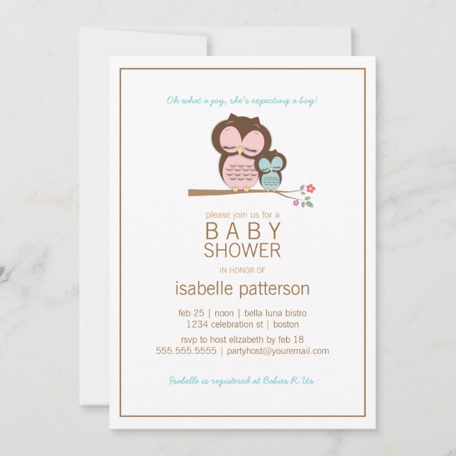 Invitation Cute Owl & Mama C'est un Baby shower de garçon Inv (Devant)