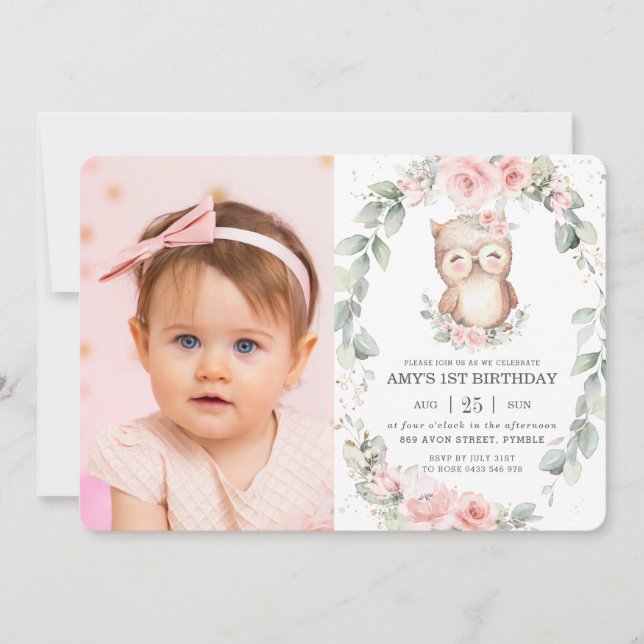 Invitation Cute Owl Rose Floral Green Photo Anniversaire (Devant)