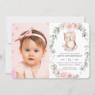 Invitation Cute Owl Rose Floral Green Photo Anniversaire