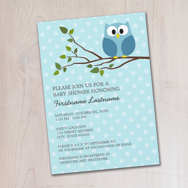 Invitation Cute Owl sur Branche Bleu clair Baby Boy Douche (Cute Woodland Owl Baby Shower Invitation - Pastel Blue Polka Dots)