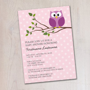 Invitation Cute Owl sur Branche et pois Baby Girl Douche