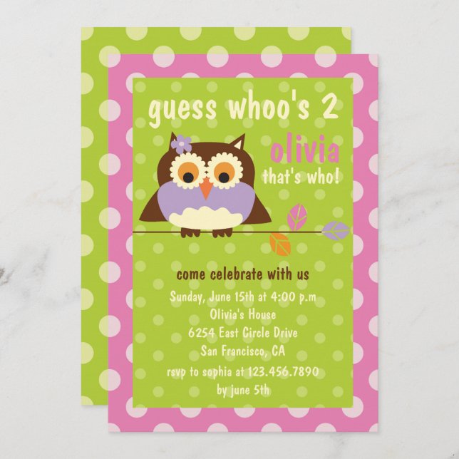 Invitation Cute Owl sur une branche Pois fête d'anniversaire (Devant / Derrière)