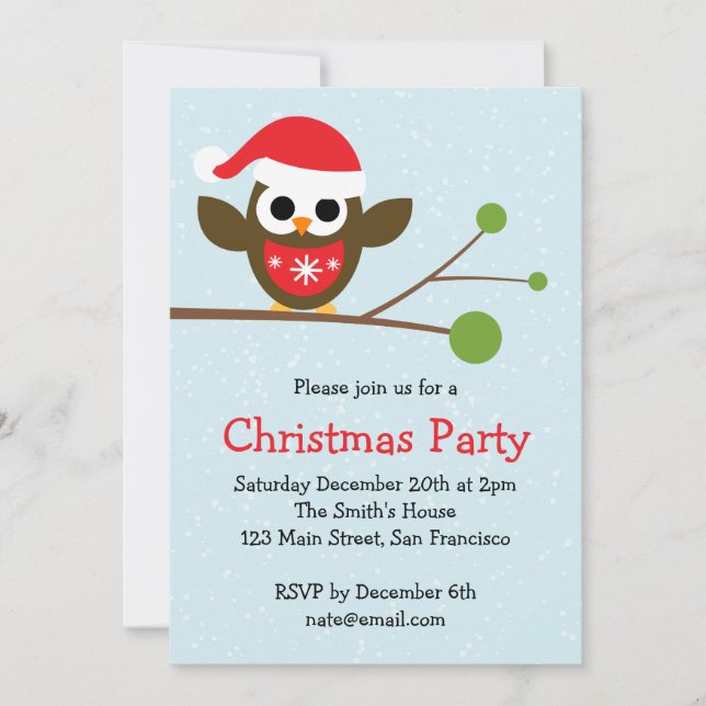 Invitation Cute Owl sur une succursale Christmas Party Invita (Devant)
