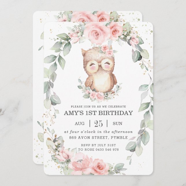 Invitation Cute Owl Whimsical Rose Floral Vert Anniversaire (Devant / Derrière)
