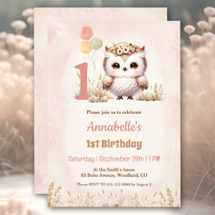 Invitation Cute Owl Woodland Boho Girl 1er anniversaire