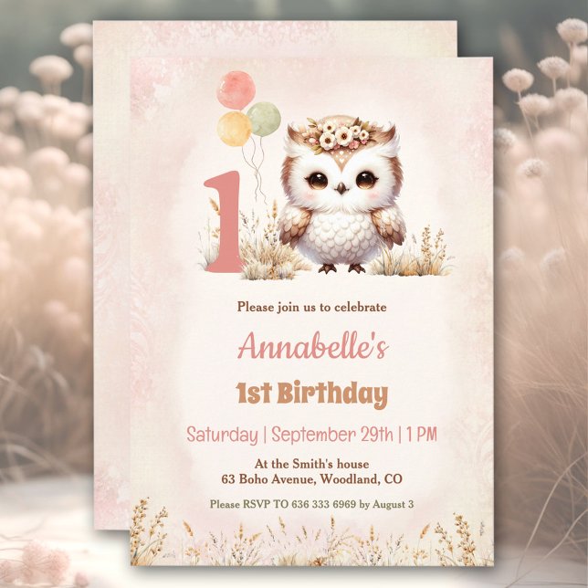Invitation Cute Owl Woodland Boho Girl 1er anniversaire (Cute Owl Woodland Boho Girl 1st Birthday Invitation)
