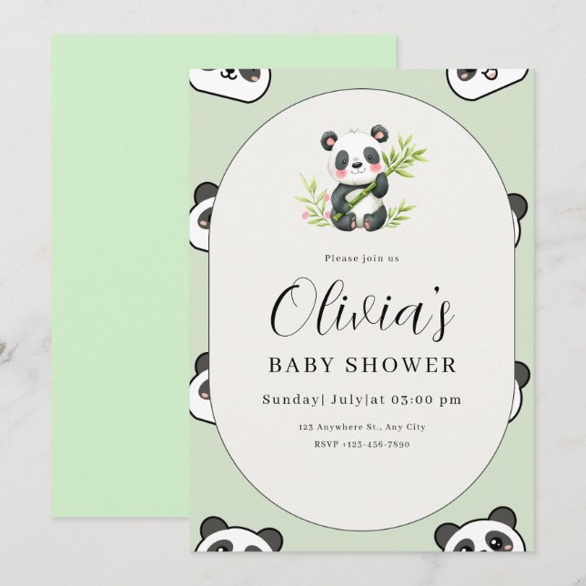 Invitation Cute Panda Baby Shower Green Botanical Panda Theme (Devant / Derrière)