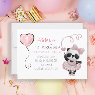 Invitation Cute Panda Ballerina Pink 1er anniversaire