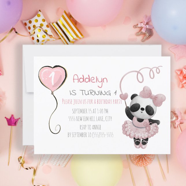 Invitation Cute Panda Ballerina Pink 1er anniversaire (Créateur téléchargé)