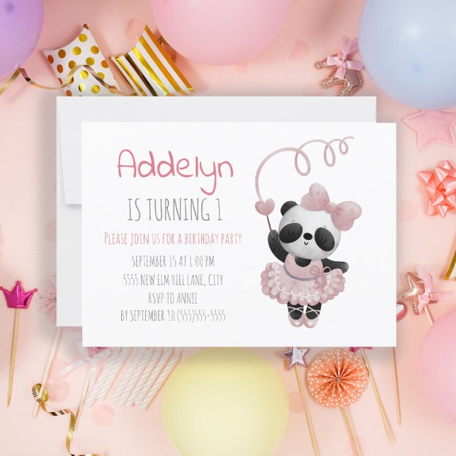 Invitation Cute Panda Bear Ballerina 1er anniversaire de fill (Créateur téléchargé)